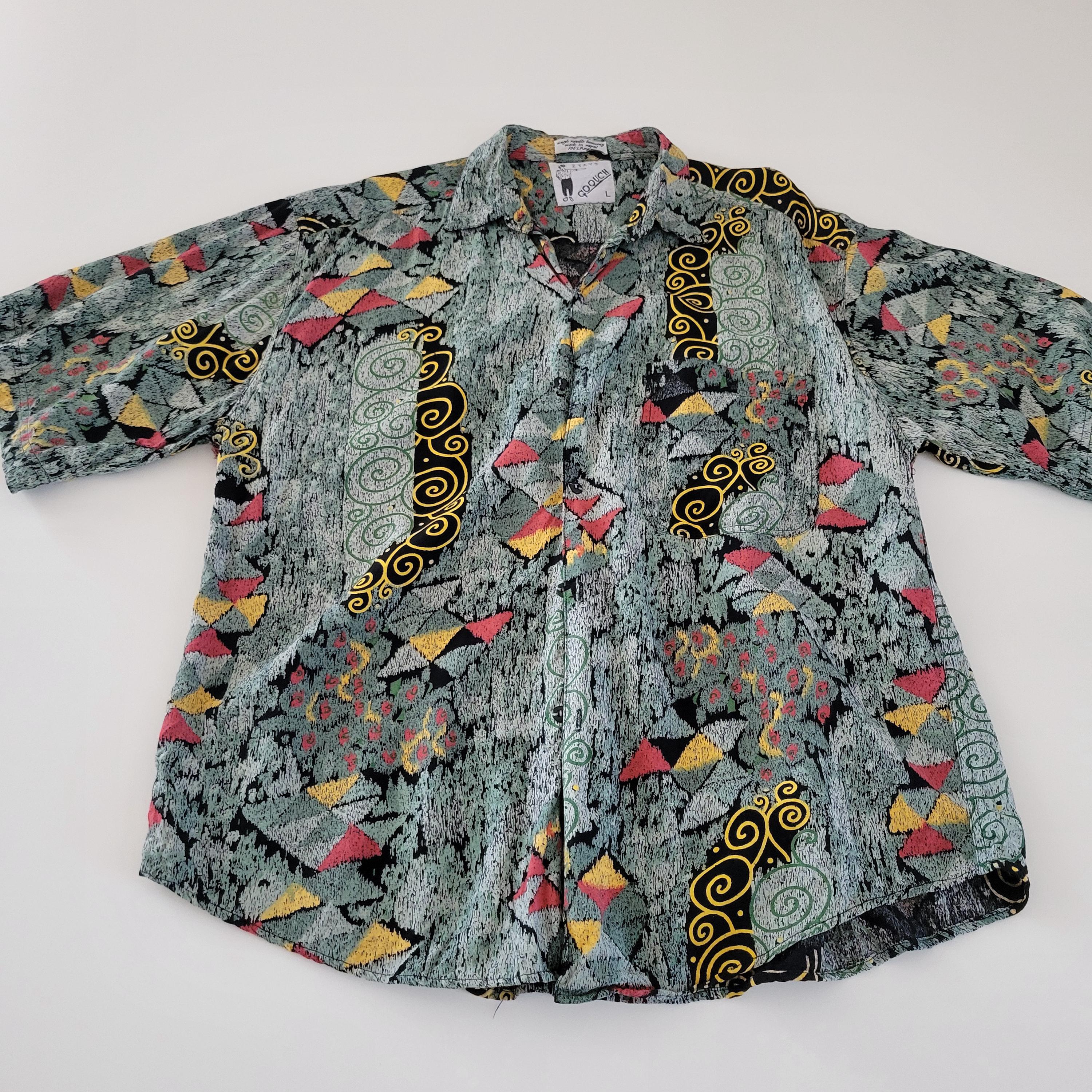トップス 90's GOOUCH rayon check shirt Goouch Mens Shirt Large Geometric Vintage 80s 90s Single
