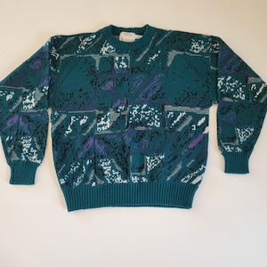Vintage London Fog Towne Cosby Grandpa Sweater Teal Green Geo Pattern Size Large Made In USA