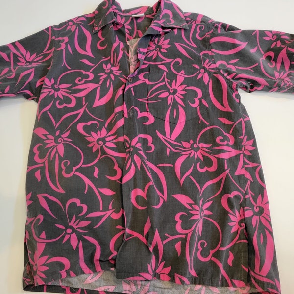 Vintage Go Barefoot Aloha Hawaiian Shirt Pink and Gray Size Medium