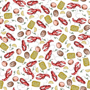 May include: A repeating pattern of red crawfish, yellow corn on the cob, brown potatoes, sausage slices, lemon wedges, and green herbs on a white background. This design is perfect for kitchen textiles or food-themed products.