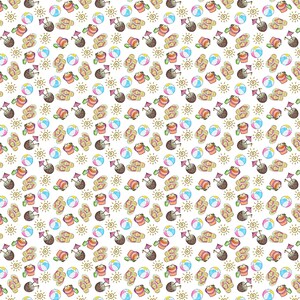 May include: A repeating pattern of summer-themed illustrations on a white background. The design includes beach balls, flip-flops, suns, sand buckets, and coconut drinks with umbrellas. The artwork is in a colorful, hand-drawn style.