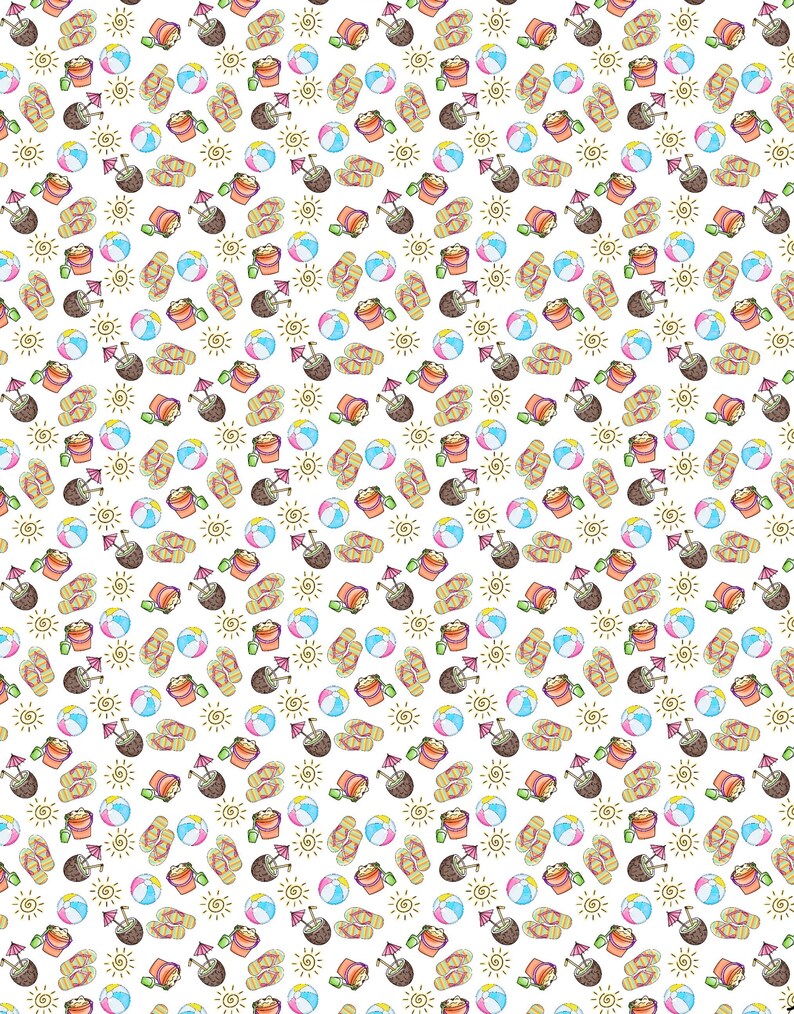 May include: A repeating pattern of summer-themed illustrations on a white background. The design includes beach balls, flip-flops, suns, sand buckets, and coconut drinks with umbrellas. The artwork is in a colorful, hand-drawn style.