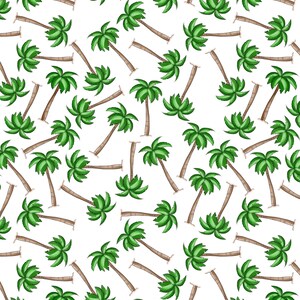 Könnte beinhalten: Ein sich wiederholendes Muster aus Aquarell-Palmen auf weißem Hintergrund. Jeder Baum hat einen braunen Stamm und eine Gruppe grüner Wedel. Das Design ist über die Oberfläche verstreut.