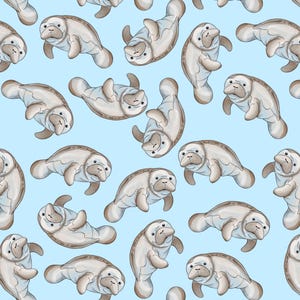 May include: A repeating pattern of cartoon manatees in various poses on a light blue background. The manatees are depicted in shades of grey and brown, with detailed facial features and flipper-like limbs. The overall design is playful and whimsical.