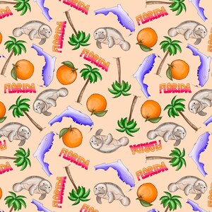May include: A repeating pattern featuring illustrations of manatees, oranges, palm trees, and the state of Florida in purple. The word "FLORIDA" is written in a colorful, stylized font. The background is a light peach color.