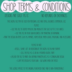 May include: A teal digital file license agreement with white text. The text includes terms and conditions for personal and small business use, including what is and is not permitted, such as reselling or modifying the file.