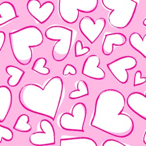 May include: A seamless pattern of white hearts with pink outlines on a light pink background. The hearts vary in size and are scattered across the surface, creating a playful and romantic design.