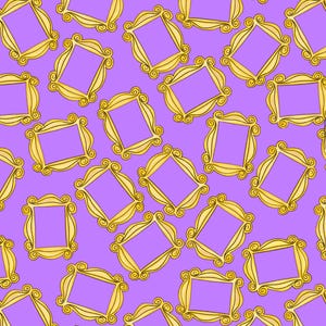 May include: A repeating pattern of gold-colored picture frames on a purple background. The frames have a rectangular shape with decorative swirls at the top and bottom. The design is a repeating pattern.