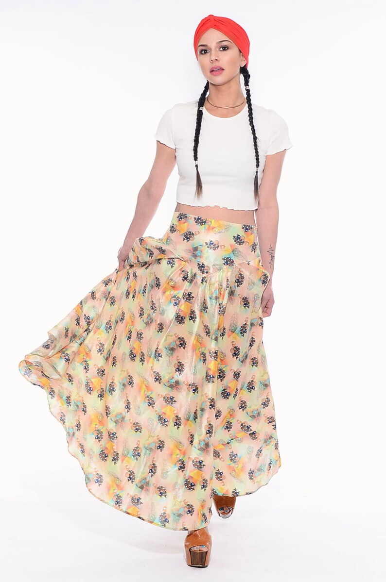 Vintage Pastel BOHO Hippie Feathers Gypsy India FULL SWEEP Cocktail Maxi Dress Skirt M L