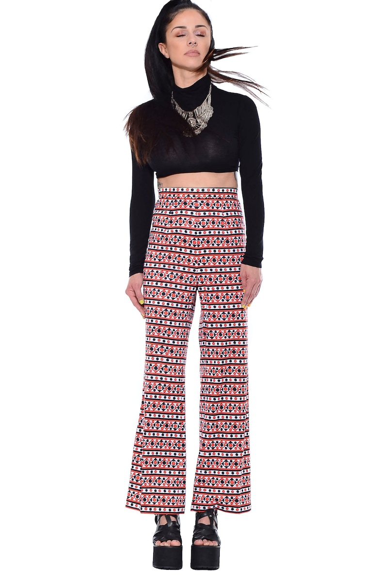 Vintage 70s OP ART Dots Mod Hippie High-Waist Wide Leg Abstract Palazzo Bell Bottoms Pants Size S