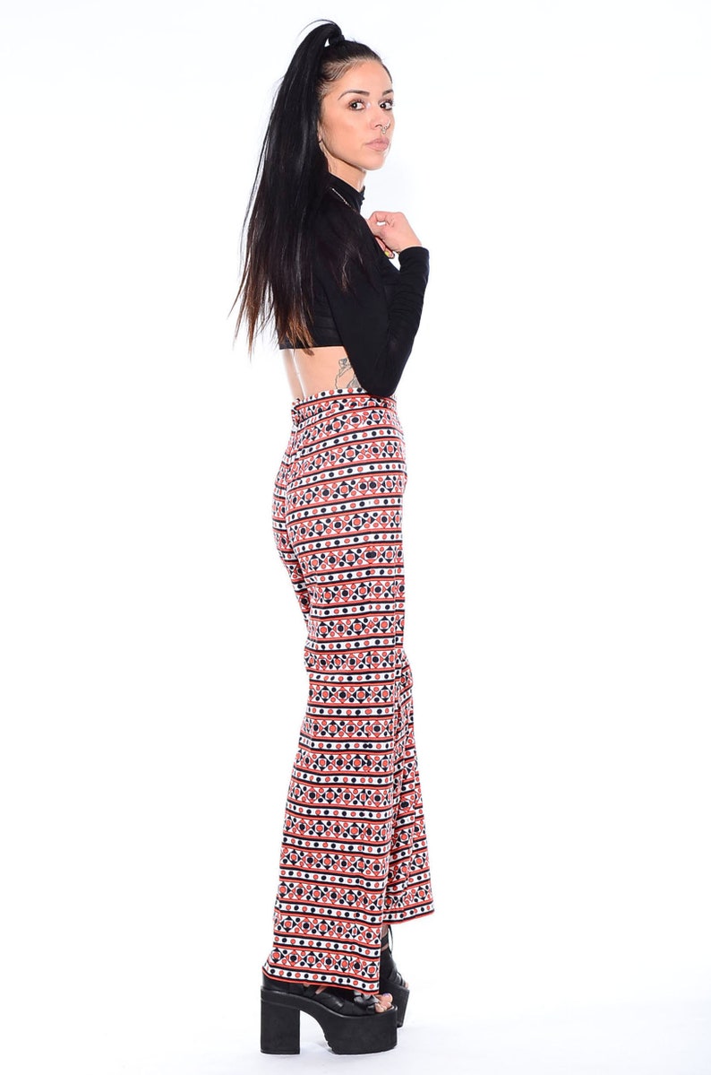 Vintage 70s OP ART Dots Mod Hippie High-Waist Wide Leg Abstract Palazzo Bell Bottoms Pants Size S