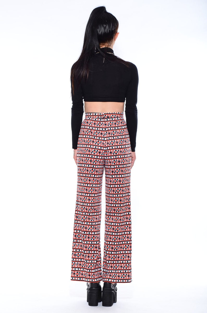 Vintage 70s OP ART Dots Mod Hippie High-Waist Wide Leg Abstract Palazzo Bell Bottoms Pants Size S