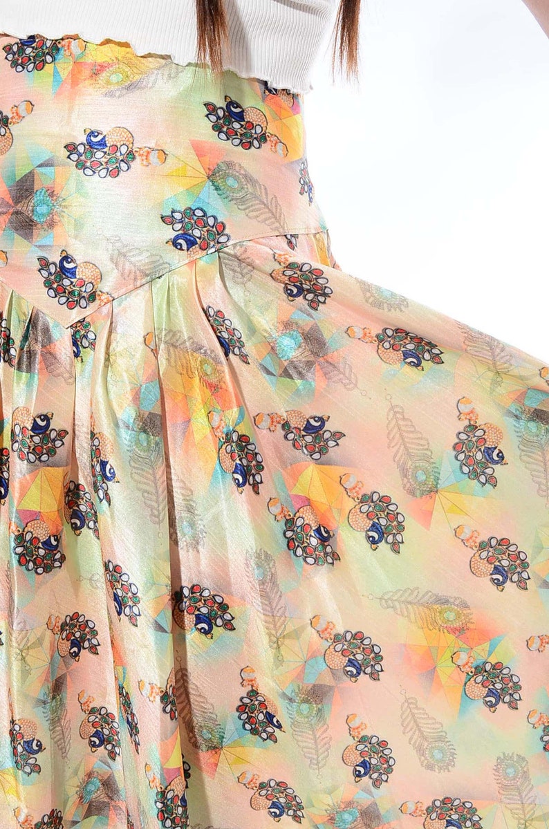 Vintage Pastel BOHO Hippie Feathers Gypsy India FULL SWEEP Cocktail Maxi Dress Skirt M L