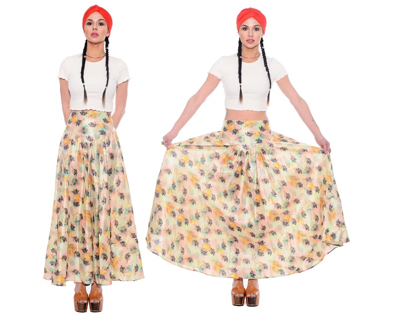 Vintage Pastel BOHO Hippie Feathers Gypsy India FULL SWEEP Cocktail Maxi Dress Skirt M L
