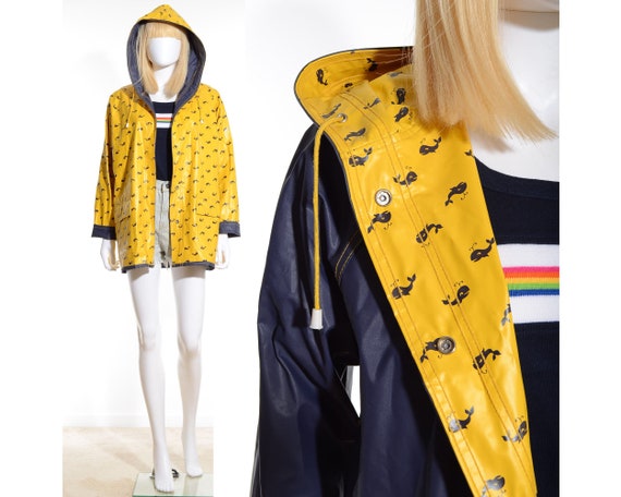 Vintage 80s Yellow WHALES Novelty Print Shiny PVC Hooded Vinyl