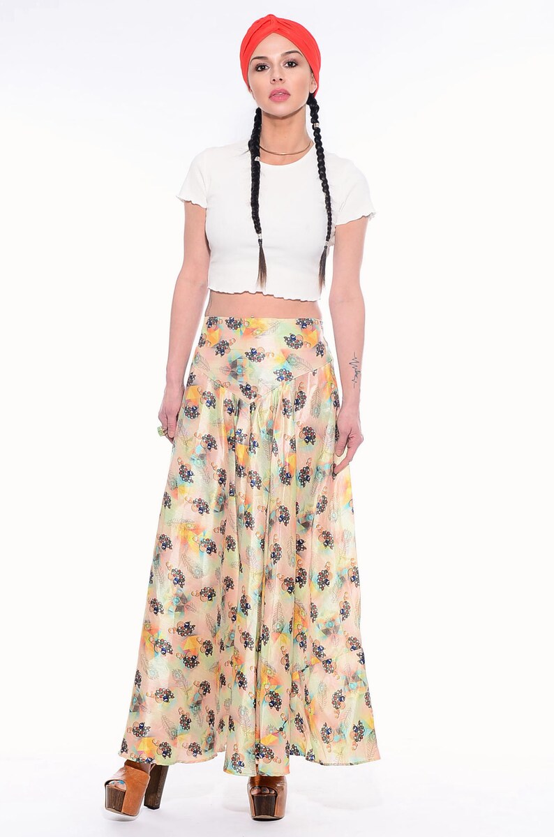 Vintage Pastel BOHO Hippie Feathers Gypsy India FULL SWEEP Cocktail Maxi Dress Skirt M L