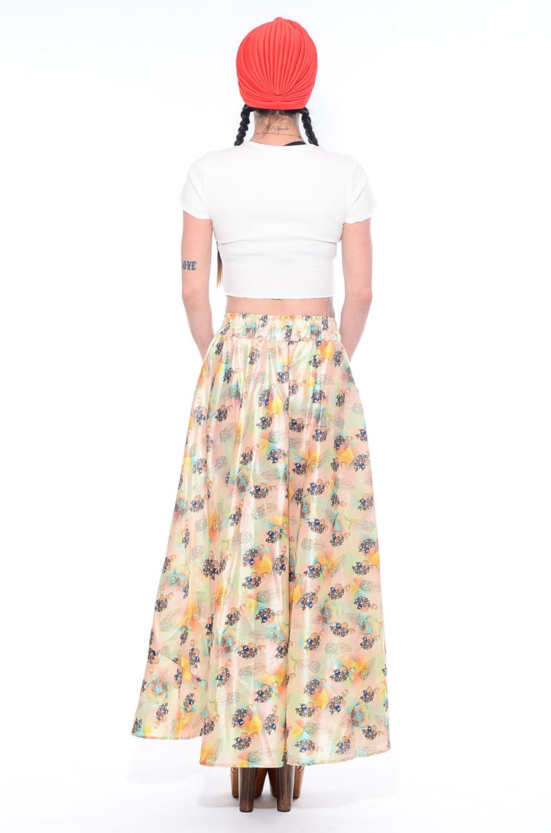 Vintage Pastel BOHO Hippie Feathers Gypsy India FULL SWEEP Cocktail Maxi Dress Skirt M L