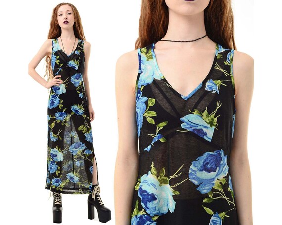 Vintage 80s 90s Floral Rose SHEER Goth Grunge Drap