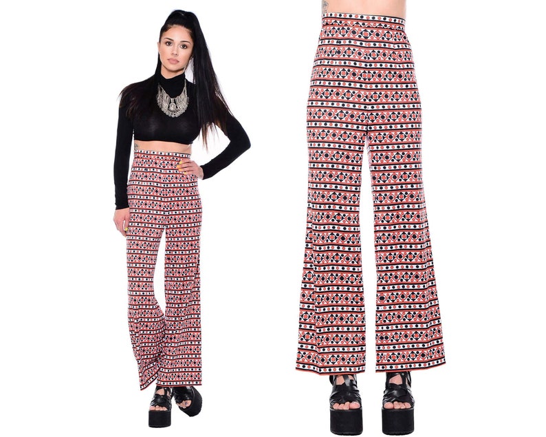 Vintage 70s OP ART Dots Mod Hippie High-Waist Wide Leg Abstract Palazzo Bell Bottoms Pants Size S