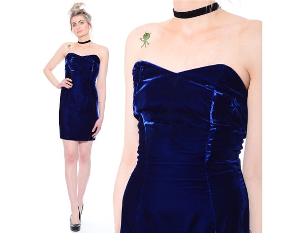 blue velvet strapless dress