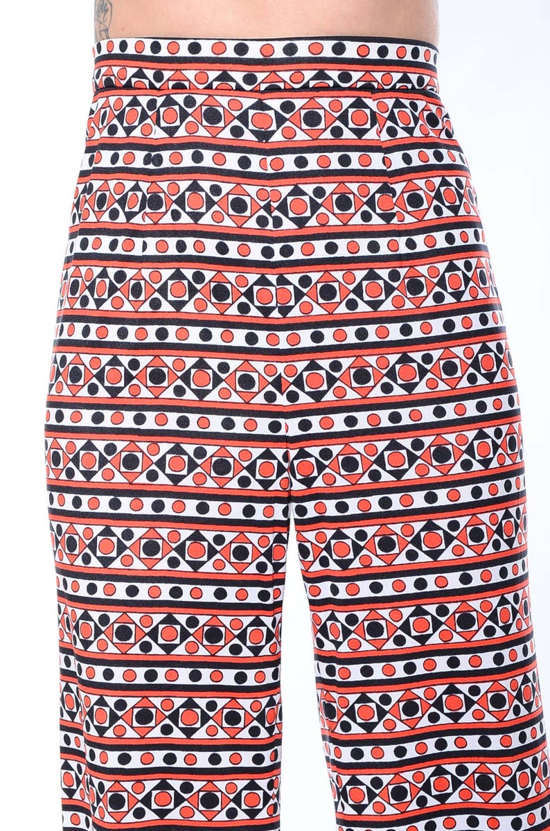 Vintage 70s OP ART Dots Mod Hippie High-Waist Wide Leg Abstract Palazzo Bell Bottoms Pants Size S