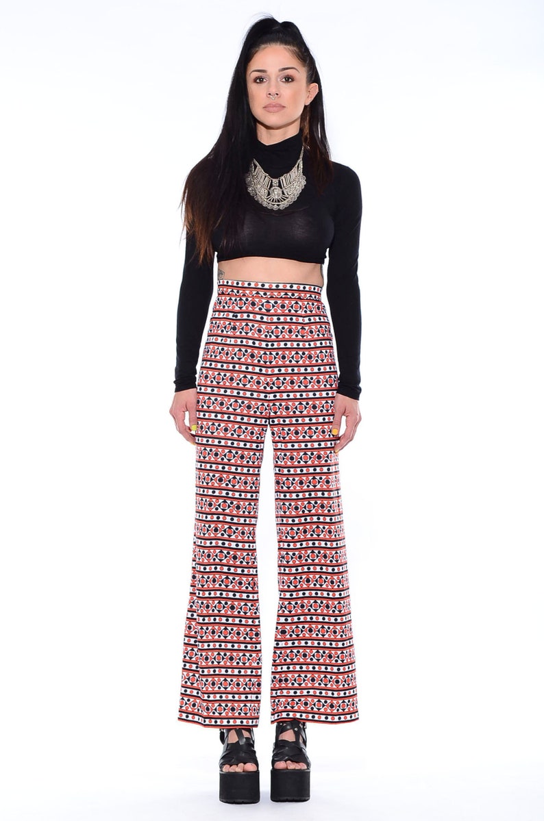 Vintage 70s OP ART Dots Mod Hippie High-Waist Wide Leg Abstract Palazzo Bell Bottoms Pants Size S