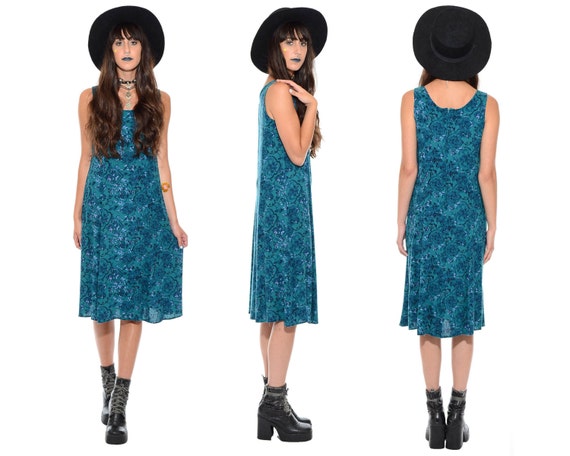 Vintage 80s 90s Teal Rayon FLORAL Ivy Gauze Midi D