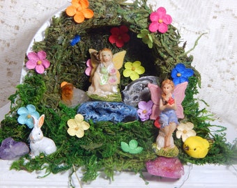 Fairy Garden, Mantle Clock, Miniature Diorama, Pixie Garden, Altered Art, Assemblage Art, Natural Stone, Carnelian Crystal, Fairy Decoration