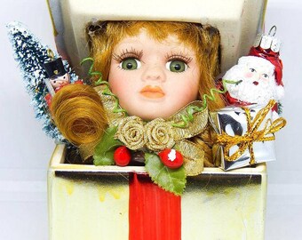 Doll “Christmas Cutie”, Altered Art, Assemblage Art, Porcelain Doll, Doll Head, Holiday Decoration, Christmas Art, OOAK Doll