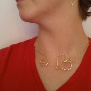 Heart Love Metal Wire Choker Brass Necklace and matching earrings designed and handmade by Sandman Metals