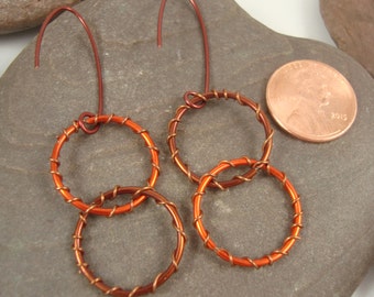 Copper Wrapped Circle Metal Wire Earrings in Brown & Orange with Handcrafted Hypoallergenic Ear hooks