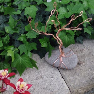 May include: A copper wire tree sculpture with a twisted trunk and branches, set on a gray stone base. The sculpture is placed on a bed of green ivy.