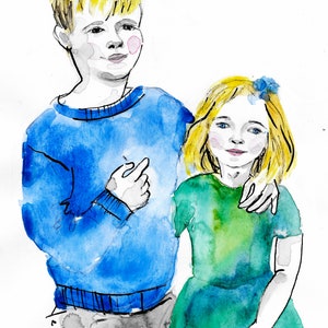 Children's Custom Portrait in Watercolor and Ink image 2