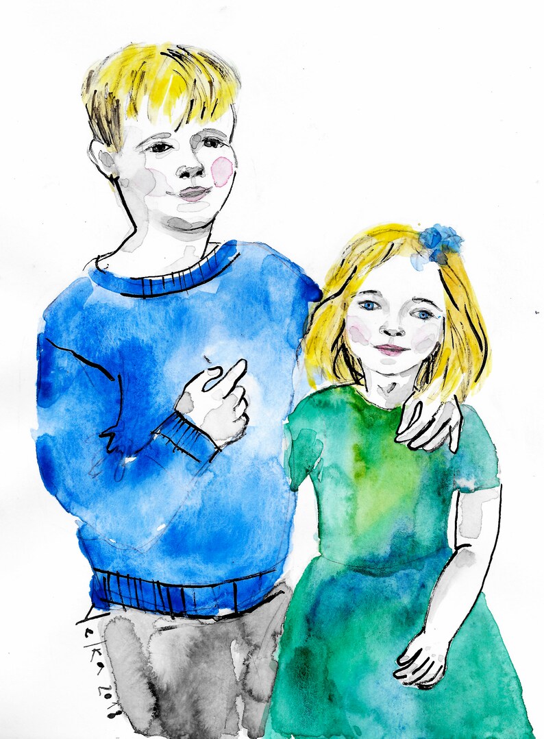 Children's Custom Portrait in Watercolor and Ink image 2