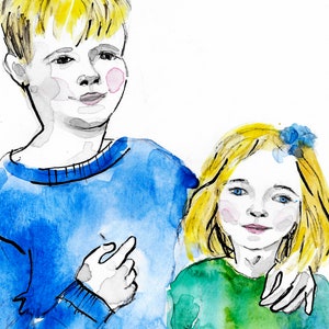 Children's Custom Portrait in Watercolor and Ink image 1