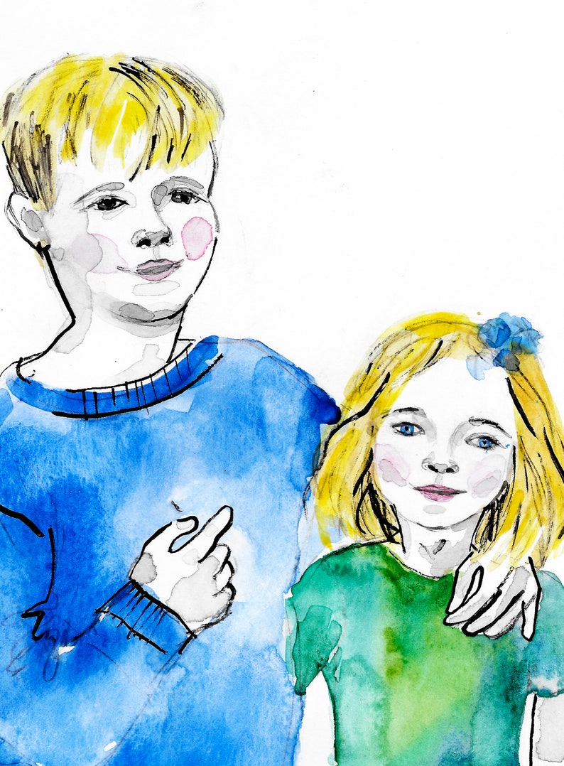 Children's Custom Portrait in Watercolor and Ink image 1