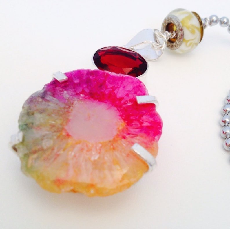 Razzle-Dazzle Solar Quartz and Garnet Fan or Light Pull set in Sterling Silver 2 Rainbow