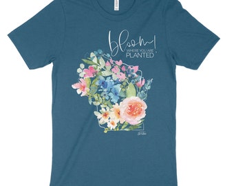 Bloom Where You Are Planted! Wisconsin State floral print t shirt unisex fit in deep teal