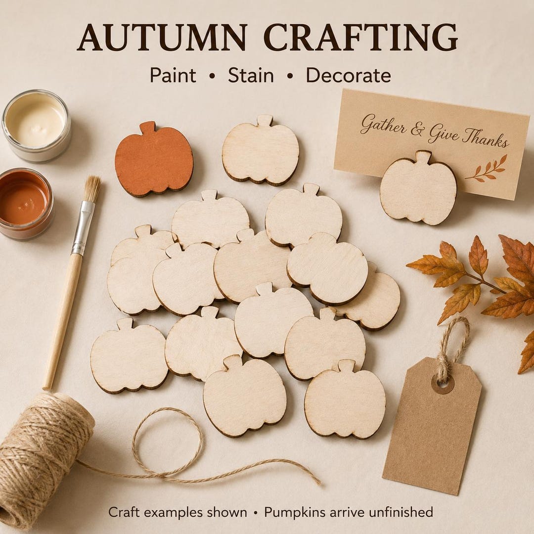 Autumn crafting scene with unfinished wood pumpkins, paint, and twine