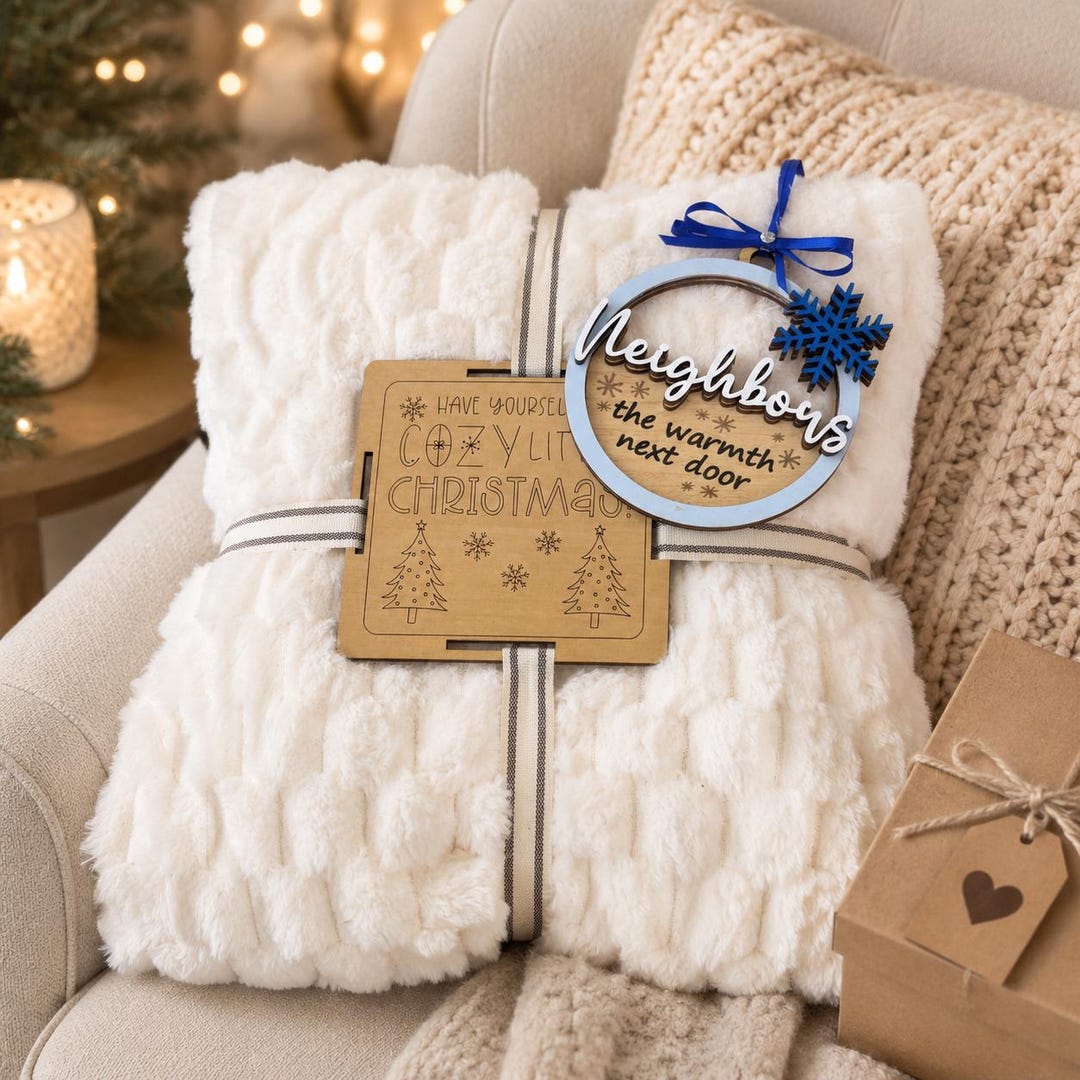 Cozy Christmas throw gift set with a hand-lettered wood tag reading Have Yourself a Cozy Little Christmas