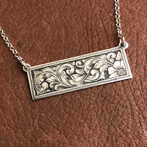 Handmade, hand engraved sterling bar necklace pendant