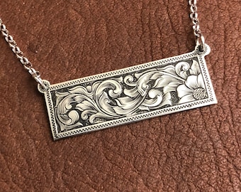 Handmade, hand engraved sterling bar necklace pendant