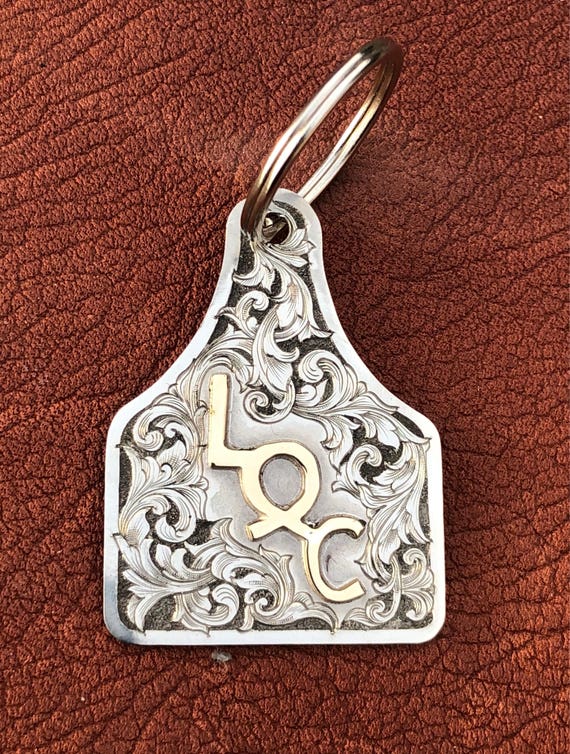 Hand engraved Key Chain Fob nickle steel cattle ear tag Etsy