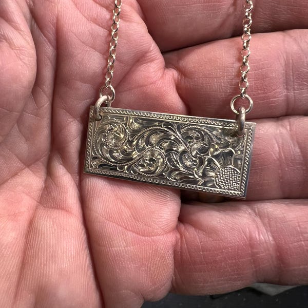 Handmade, hand engraved sterling bar necklace pendant