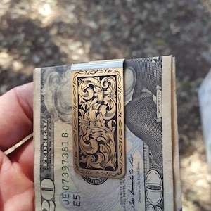 Money Clip, hand engraved, barbed wire border