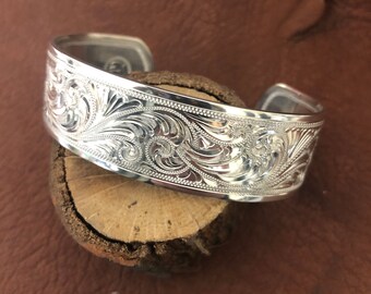 3/4" Sterling Silver Cuff Bracelet, hand engraved