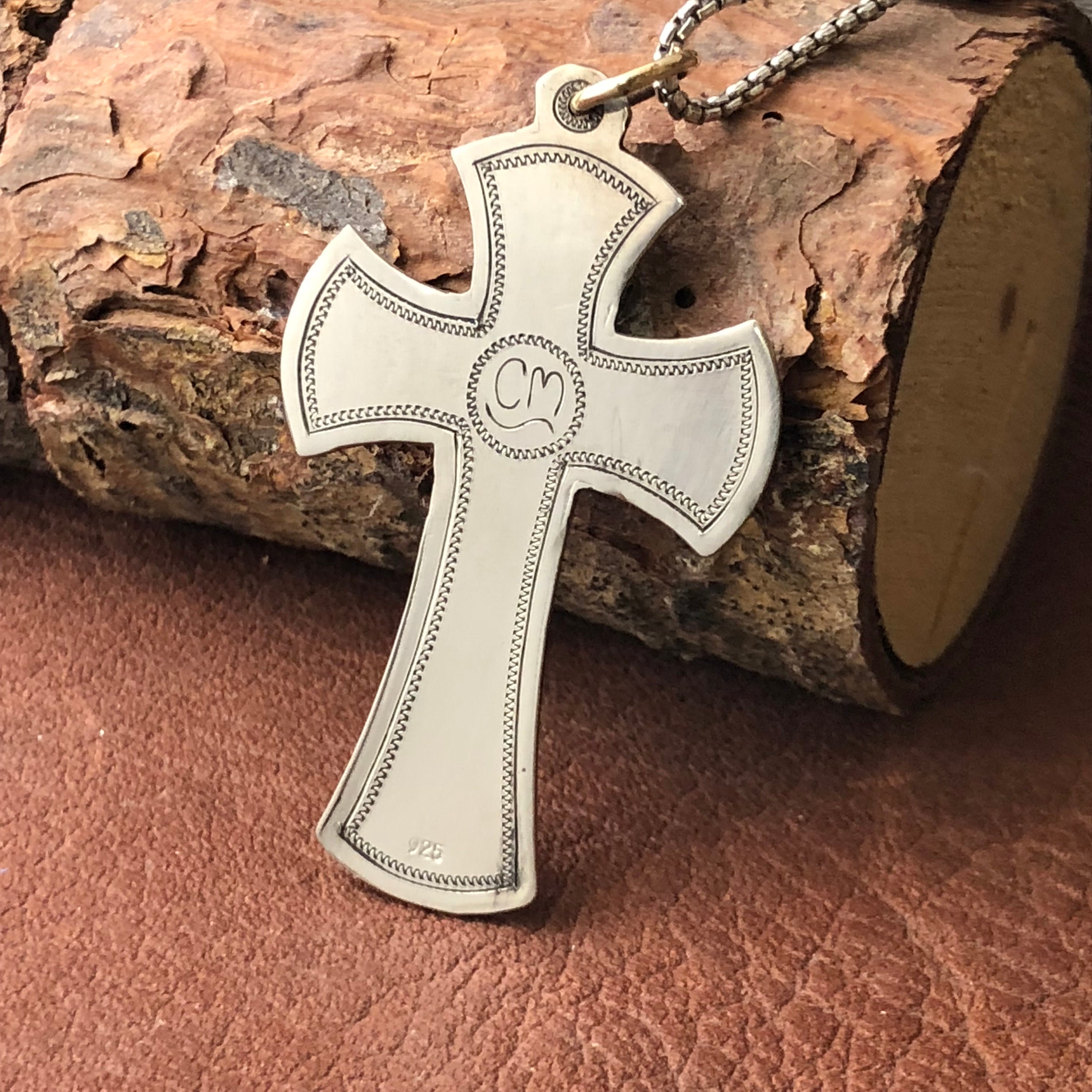 Sterling Silver Engraved Monogram Cross Necklace - 9022276