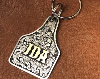 Hand engraved Key Chain Fob, nickle steel, cattle ear tag