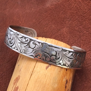 Sterling silver bracelet, hand engraved, patina finish, cuff bracelet