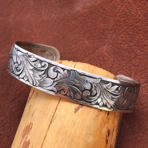 Sterling silver bracelet, hand engraved, patina finish, cuff bracelet